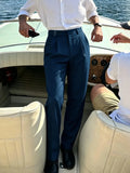 Wiaofellas  -  Men’s Solid Color Button Detail Naples Pleated High Waist Wide Leg Suit Pants, New Spring Autumn Elegant Light Business Trousers