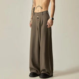 Wiaofellas  -  American Retro Brown Casual Drapey Wide Leg Pants Loose Fit Design Sense Straight Cut Long Trousers Polyester Fabric