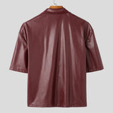 Wiaofellas  -  Solid Color Men Shirt Faux PU Leather Lapel Short Sleee Men Clothing Zipper Summer Streetwear Fashion Casual Camisa