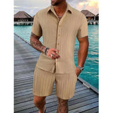 WIAOFELLAS  -  Fashion Men Two Piece Sets Cardigan Short Sleeve Lapel Shirts And Short Pant Men Stripe Outfit Summer Casual Loose Suit