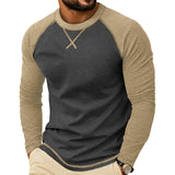 Wiaofellas  -  Men Color Block Raglan Long Sleeve T Shirts Crew Neck Curved Hem Casual Basic Undershirt Tops