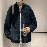 Wiaofellas  -  Trendy Harajuku Style Long Sleeve Plaid Shirt Men's Retro Casual Loose Versatile Color Block Casual Shirt Jacket for Teens