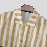 Wiaofellas  -  Men's Shirt Striped Lapel Short Sleeve Button Casual Menswear Clothing Streetwear Loose Fashion Crop Tops For Man
