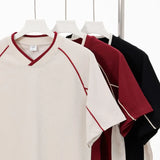 WIAOFELLAS  -  Retro 260g Contrasting Lines V-neck Short-sleeved T-shirt Men's Trendy Brand Loose Design T-shirt Top