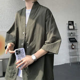 WIAOFELLAS  -  Niche Design Men's Shirts V-neck Solid Color Button Desig Ice Silk Big Pocket Casual Male Tops Summer Menswear