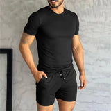 Wiaofellas  -  Spring Summer Men Suit Solid Ribbed Short-sleeve O-Neck T-shirt And Shorts Two Piece Set Fashion Slim Outfits Daily Home Clothes