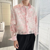 WIAOFELLAS  -  Hollow See-through Elegant Flower Jacquard Men Shirt Sexy Button Down Long Sleeve Mens Floral Shirts Club Loose Pink Blouse Man