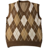 WIAOFELLAS  -  Spring Autumn Diamond Grid Candle Knitted Vest Men Women Loose Pullover Retro Outer Sleeveless Sweater Vest Aesthetic