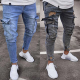 Wiaofellas  -  Stretch Men's Ripped Jeans Trend Zipper Big Pocket Hole Slim Pants