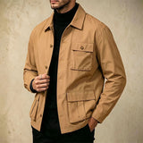 Wiaofellas  -  Retro Solid Color Lapel Jacket Mens Daily Outdoor Autumn Multi Pocket Long Sleeve Coat Fashion Loose Fit Outwear For Mens