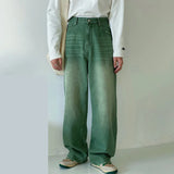 Wiaofellas   -  Men's Vintage Straight Mid Waist Green Jeans New Spring Casual Loose Distressed Denim Long Pants Wide Leg Trousers