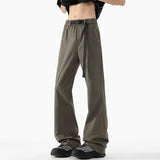 WIAOFELLAS  -  Niche Design Men's Casual Pants Belt Design Wide Leg Loose Bottom Contrast Color Elastic Waist Male Flared Trousers