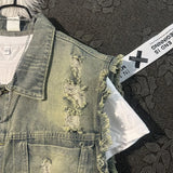 WIAOFELLAS  -  vestRetro Washed Raw Edge Ripped Denim Vest Mens American High Street Fashion Trend Casual Loose Sleeveless Waistcoat Y2k Jacket