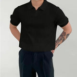 WIAOFELLAS  -  Fashion Solid Color Ribbed Knit Polo Shirt Men Slim Fit Short Sleeve Tops Tee  Summer Temperament Youth Polos Tshirts Clothing