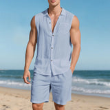 Wiaofellas  -  Breathable Summer Men'S 2 Piece Beach Vacation Set Sleeveless Stylish Shirts and Shorts Suit Outfits Jackets for Men Suit