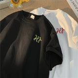 WIAOFELLAS  -  Letter Embroidered Black White T-Shirt Men's T-shirts Classic Casual Versatile Round Neck Tee Inner Short Sleeve Unisex Tops