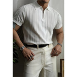 Wiaofellas  -  Summer Men's Clothing Light Luxury Zipper Polo Shirt Korean Solid Color Short Sleeve Retro Fashion Streetwear Leisure Knitwear