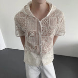 WIAOFELLAS  -  Trendy Men's Lace Hollow Out Heavy Industy Design Shirts Fashion Short Sleeves Hooded Loose Tops Male Summer