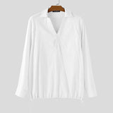 WIAOFELLAS  -  Men Shirt Solid Color Long Sleeve Koran Style Casual Men Clothing V Neck Streetwear Drawstring Shirts Fashion Male Tops