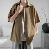 WIAOFELLAS  -  Simple Men's Shirts Turn-down Collar Ice Silk Solid Color Short Sleeved Loose Menswear Single Breasted Male Tops