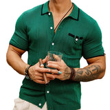 Wiaofellas  -  Classic Striped Knitted Shirt For Men Summer Vintage Pockets Buttoned Lapel Knit Tops Mens Breathable Slim Stretch Knit Cardigan