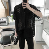 WIAOFELLAS  -  Summer New Men's Solid Color Hollow Short-Sleeved Shirt Sexy Retro Fashion Trend Leisure Loose Breathable Niche Men's Tops
