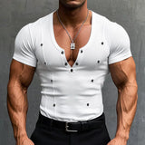 WIAOFELLAS  -  Men T Shirt Solid Color V Neck Short Sleeve Button Skinny Casual Male Tee Tops Streetwear Summer Fashion Camisetas