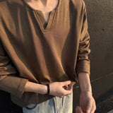 WIAOFELLAS  -  Spring Cotton Long Sleeved T-shirt Men Fashion White V-neck T Shirt Men Streetwear Korean Loose Pullover T Shirt Mens Top M-2XL