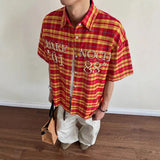 AWIAOFELLAS  -  merican Retro Studded Plaid Shirt Mens High Street Versatile Short Sleeved Loose Top Summer Fashion Streetwear Couple's Shirt