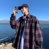 Wiaofellas  -  Korean Fashion Plaid Long Sleeve Shirts For Men Autumn High Street Y2K Vintage Blouses Casual Baggy Button Up Tees Shirt