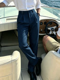 Wiaofellas  -  Men’s Solid Color Button Detail Naples Pleated High Waist Wide Leg Suit Pants, New Spring Autumn Elegant Light Business Trousers
