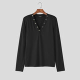 WIAOFELLAS  -  Men T Shirt Solid Color V Neck Long Sleeve Casual Male Tee Tops Streetwear Knitted Fashion Leisure Men Clothing S-3XL