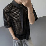 WIAOFELLAS  -  Summer Men's Fashion Spliced Irregular Ribbon Hollow Out Design Shirt New Stand Collar Long Sleeves Blouse Male