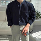Wiaofellas  -  New Men's Stand Collar Linen Cotton Wrinkle Shirt Lazy Slim Fit Long Sleeve Sun Protection Cardigan Breathable Work Shirt