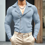 WIAOFELLAS  -  Men Shirt Lapel Long Sleeve Knitted Zipper Solid Color Men Clothing Streetwear Fashion Casual Male Shirts Camisas S-3XL