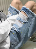 WIAOFELLAS  -  2025 Men's Summer New Fashion Thin Loose Short Pants Male Ripped Hole Denim Shorts Men High Waist Straight Jeans Shorts P897