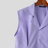 Wiaofellas  -  Men's Sets Solid Lapel Sleeveless Crop Shirt Shorts Two Piece Sets Streetwear Men Matching Sets Stylish Tracksuits