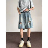 WIAOFELLAS  -  Vintage Summer Men's Hole Burr Edge Gradient Denim Shorts Fashion High-waisted Wide Leg Straight Short Pants Male