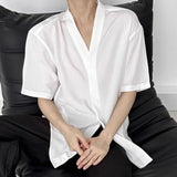 WIAOFELLAS  -  Summer New Men's V-neck Solid Color Thin Short Sleeve Shirt Retro Fashion Trend Casual Simple Loose Breathable Men's Tops