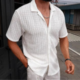 Wiaofellas  -  Men'sSolid Color Textured Short Sleeve Shirt Summer Casual Business Lapel Button Down Top Breathable Comfortable Top