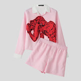 WIAOFELLAS  -  Men Sets Printing Striped Patchwork Streetwear Lapel Long Sleeve Shirt Crop Tops & Shorts Two Pieces Sets 2025 Men Suits