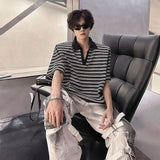 WIAOFELLAS  -  Trendy Men's Striped Contrast Color Shoulder Pads Loose T-shirts Fashion Casual Short Sleeves Lapel Tops Male Summer