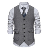 Wiaofellas  -  Men Suit Vest Herringbone Fabric Waistcoat Business Wedding Casual V Neck Men's Formal Party Dress Blazer Vests V12