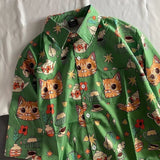 Wiaofellas  -  New Summer Graffiti Cartoon Cat INS Retro Short Sleeve Floral Shirt Hawaiian Beach Coast Outerwear Breathable Polyester Casual
