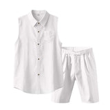 Wiaofellas  -  Men's Linen Sleeveless Shirt and Shorts Set Casual Two Piece Outfit