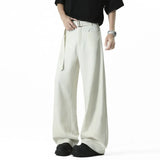 WIAOFELLAS  -  Belt Design Men's Suit Pants Solid Color Draping Ice Silk Deconstruction Straight Wide Leg Loose Male Bottom Summer