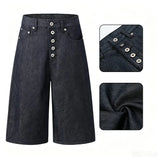 Wiaofellas  -  Men Denim Jorts Five Button Fly Wide Leg Bermuda Shorts Vintage Loose Straight Mid Length Jeans Y2K Skate Baggy Casual Bottoms