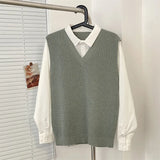 WIAOFELLAS  -  Spring Autumn Men's Clothing Button Long Sleeve Turn-down Collar Pullover Sweater Fake Two Pieces Knitted Preppy Style Tops