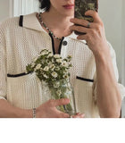 WIAOFELLAS  -  Trendy Men's Striped Pockets Texture Contrast Color Sweater Fashion Short Sleeves Lapel Pullover Male Summer