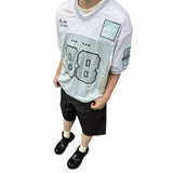 Wiaofellas  -  Retro Mesh Flash 88 Short Sleeve American Hip Hop Collar Women's Summer T-Shirt Casual Style Polyester Fiber Loose Fit T-Shirt
